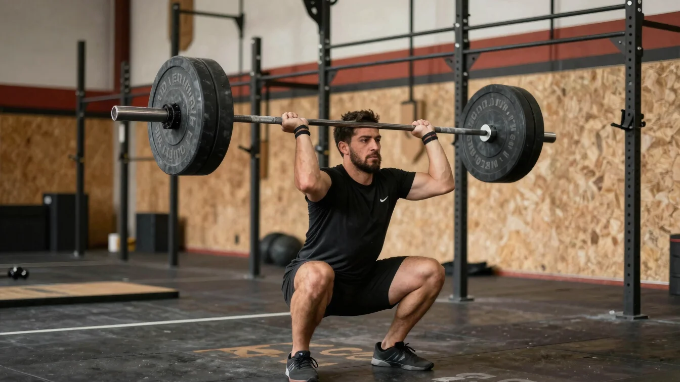 Detalle documental de manos sujetando una barra de levantamiento en un box de CrossFit, luz natural lateral cálida, tono