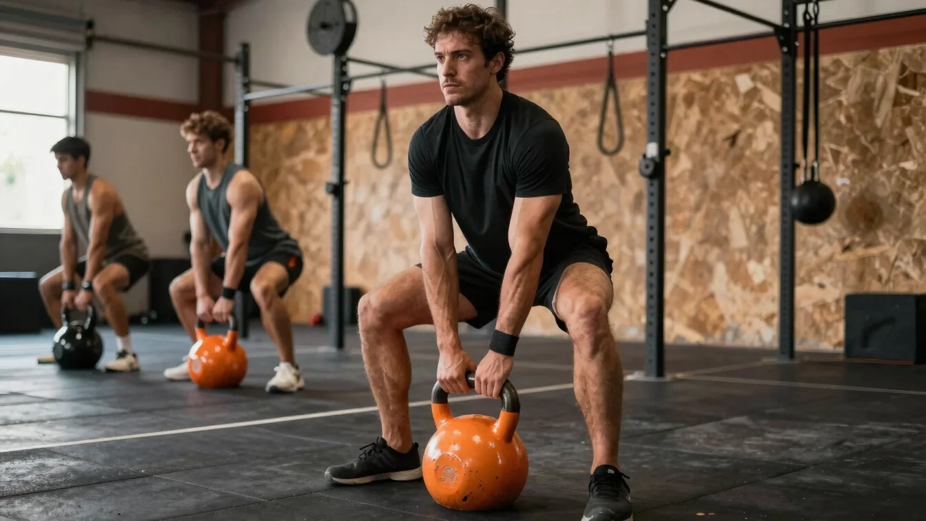 Persona entrenando de forma natural con kettlebell en un box de CrossFit, movimiento congelado, luz natural lateral, len